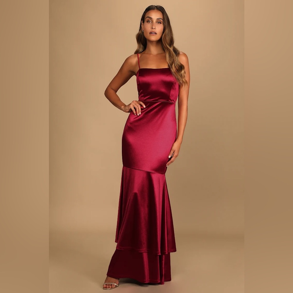 Lulu's Contemporary Romance Red Satin Tiered Mermaid Maxi Dress